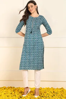 Teal Blue Cotton Ethnic Motifs Printed Straight Kurta