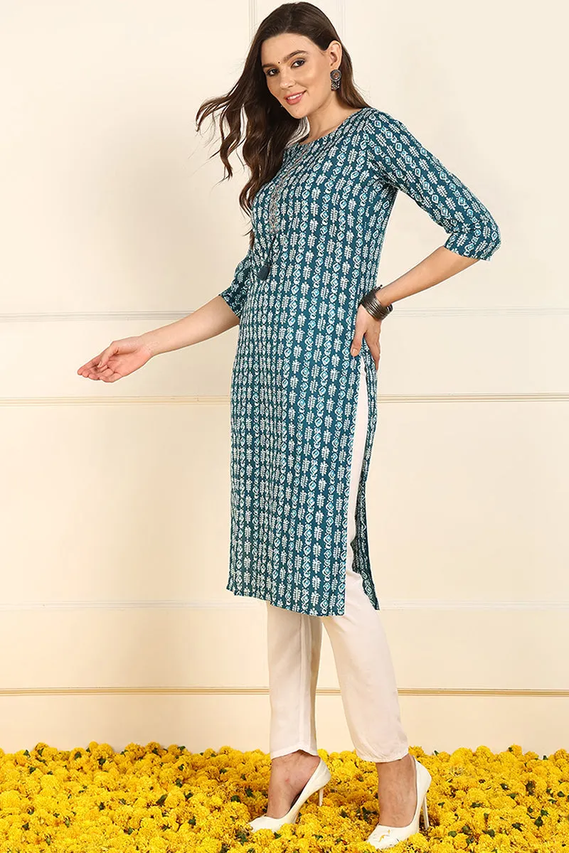 Teal Blue Cotton Ethnic Motifs Printed Straight Kurta