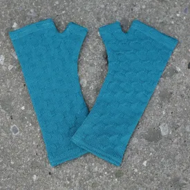 Teal crosses knit merino fingerless gloves