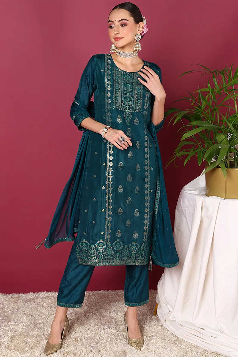 Teal Silk Blend Ethnic Motifs Woven Design Straight Suit Set