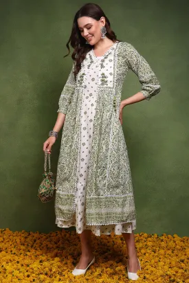 White And Olive Cotton Ethnic Motifs Printed Maxi Ethnic Dress With Longline Shrug