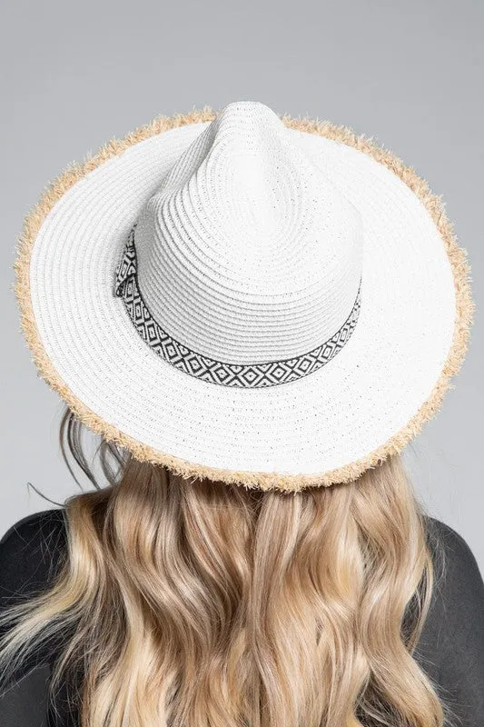 White Ethnic Frayed Trim Straw Women's Panama Hat